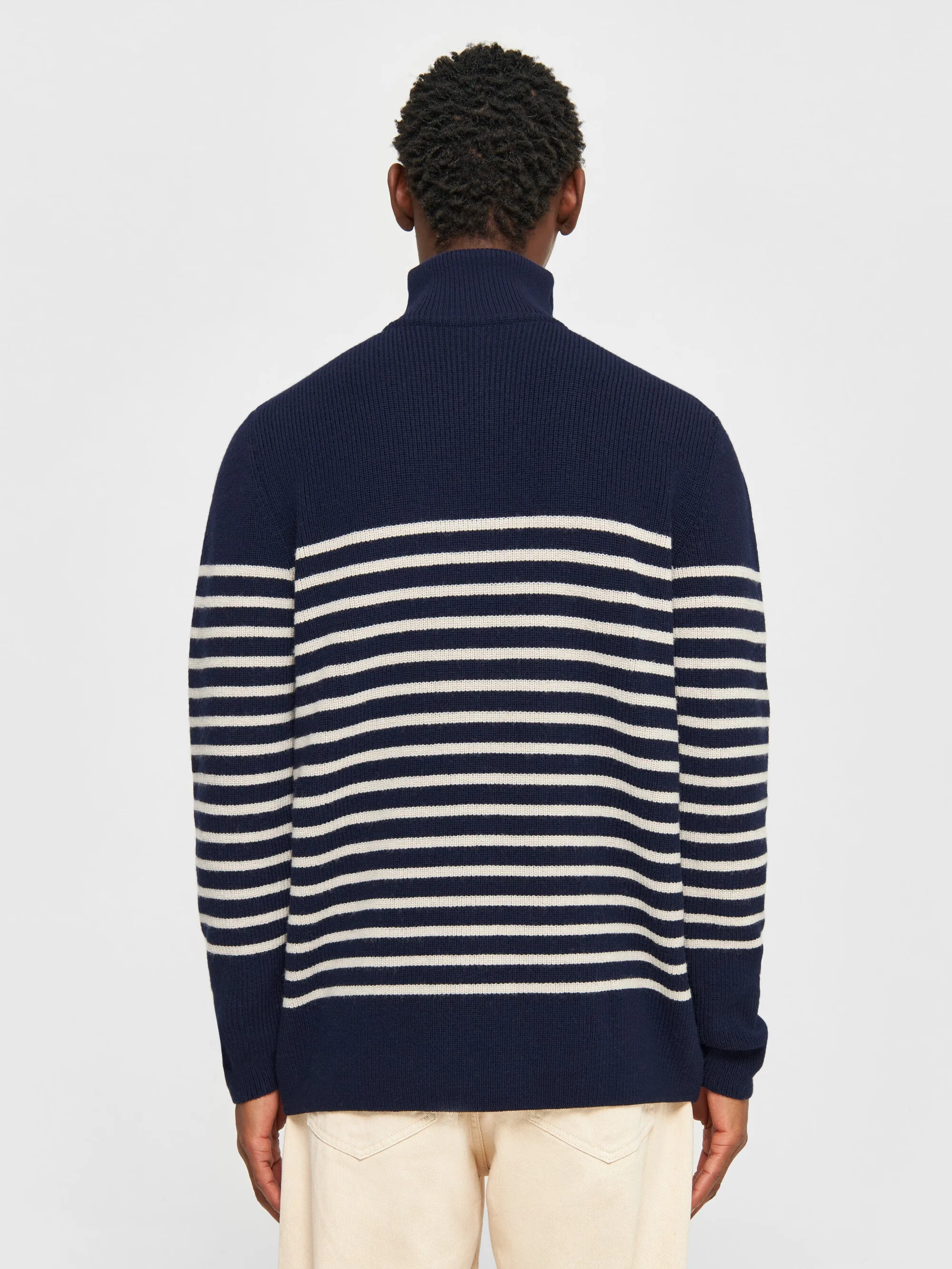 1/2 neck zip merino wool rib knit - Blue stripe