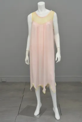 1920s Ballerina Pink Silk Negligee w Lace Trim   Handkerchief Hemline