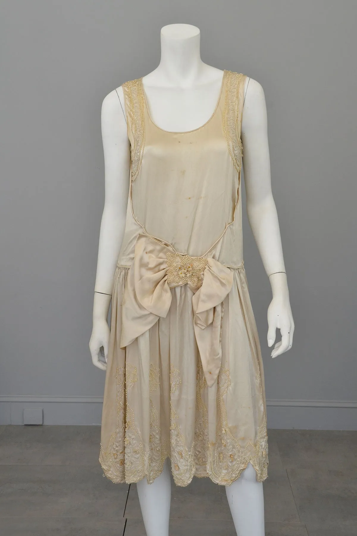 1920s Satin beaded with florettes Flapper Weeding Dress for restoration