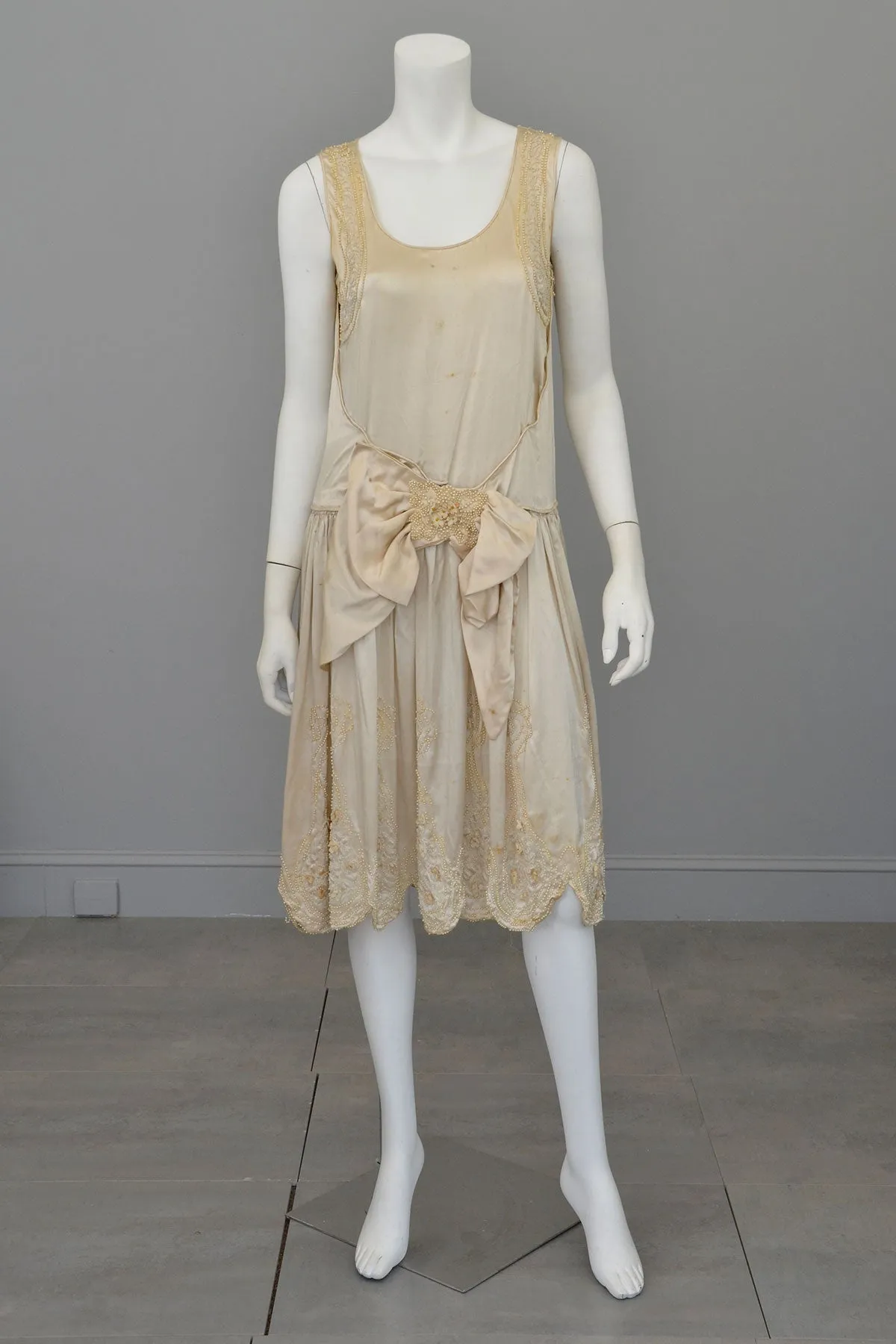 1920s Satin beaded with florettes Flapper Weeding Dress for restoration