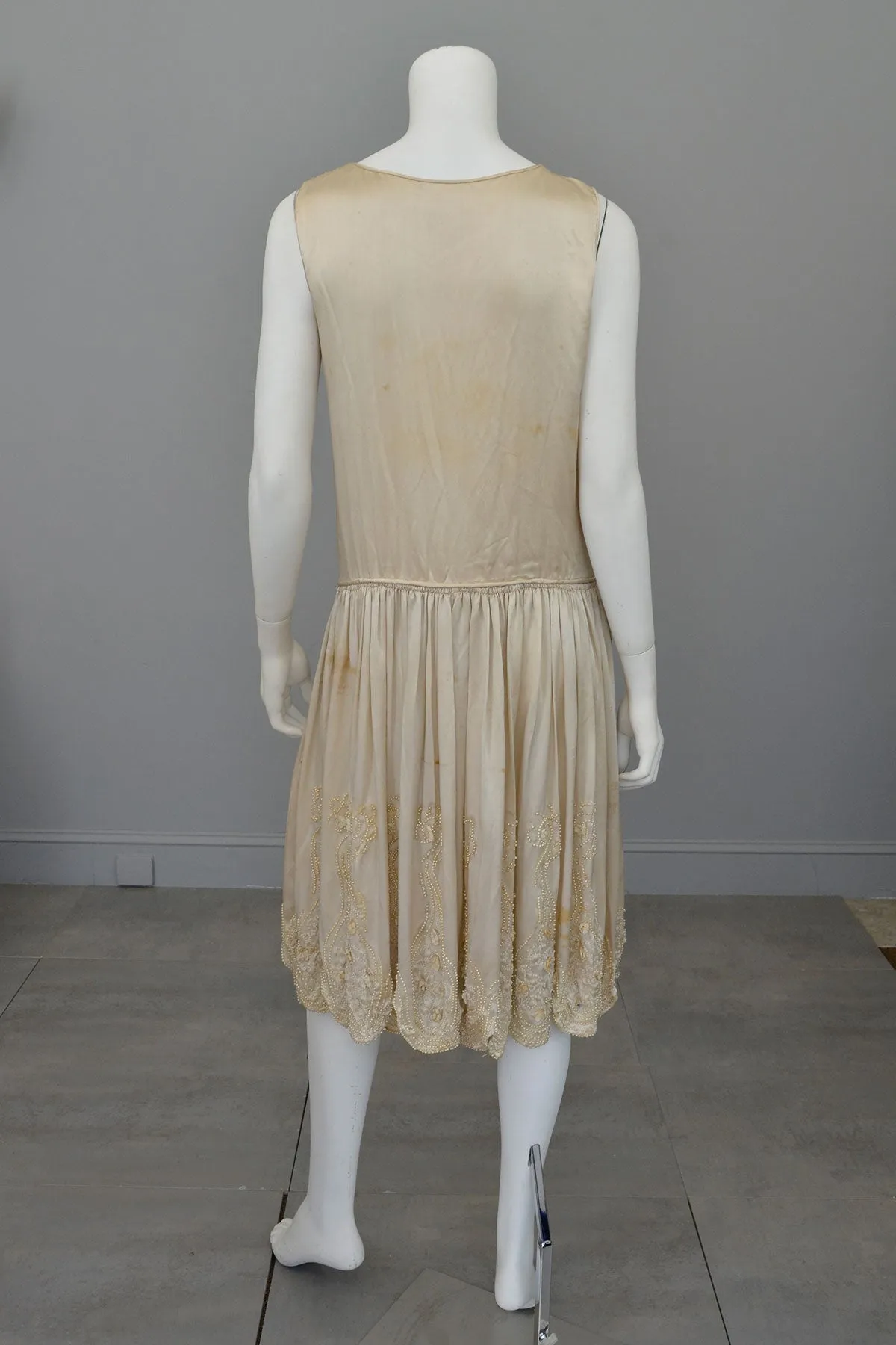 1920s Satin beaded with florettes Flapper Weeding Dress for restoration