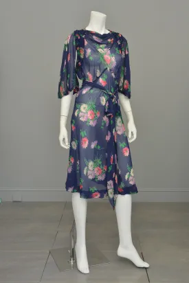 1930s Navy Blue Sheer Crepe Floral Novelty Print Keyhole Dress
