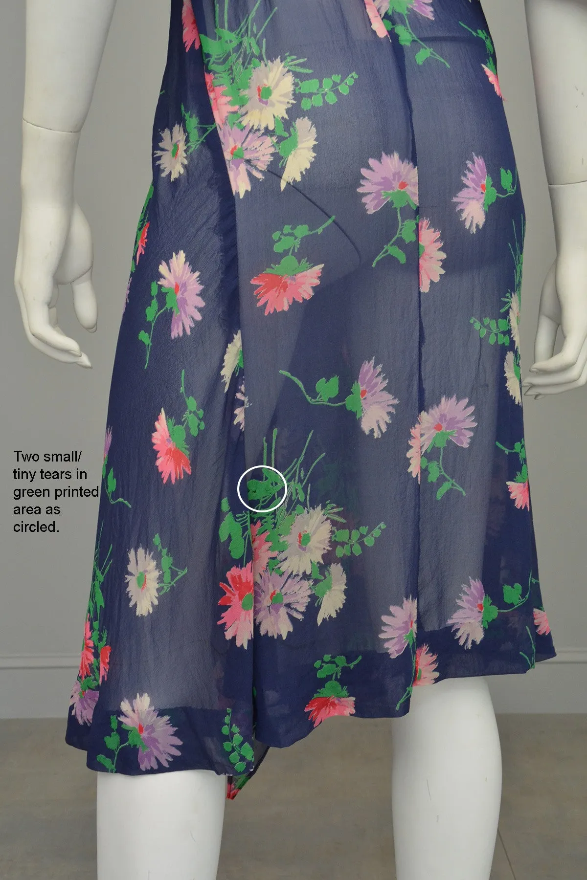 1930s Navy Blue Sheer Crepe Floral Novelty Print Keyhole Dress