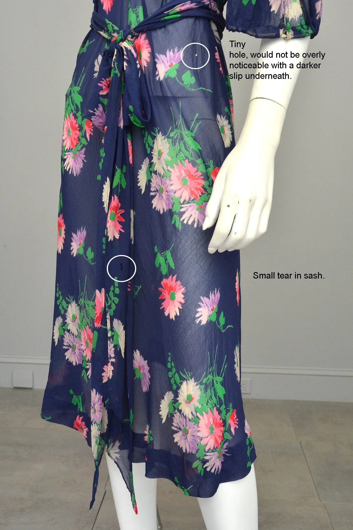 1930s Navy Blue Sheer Crepe Floral Novelty Print Keyhole Dress