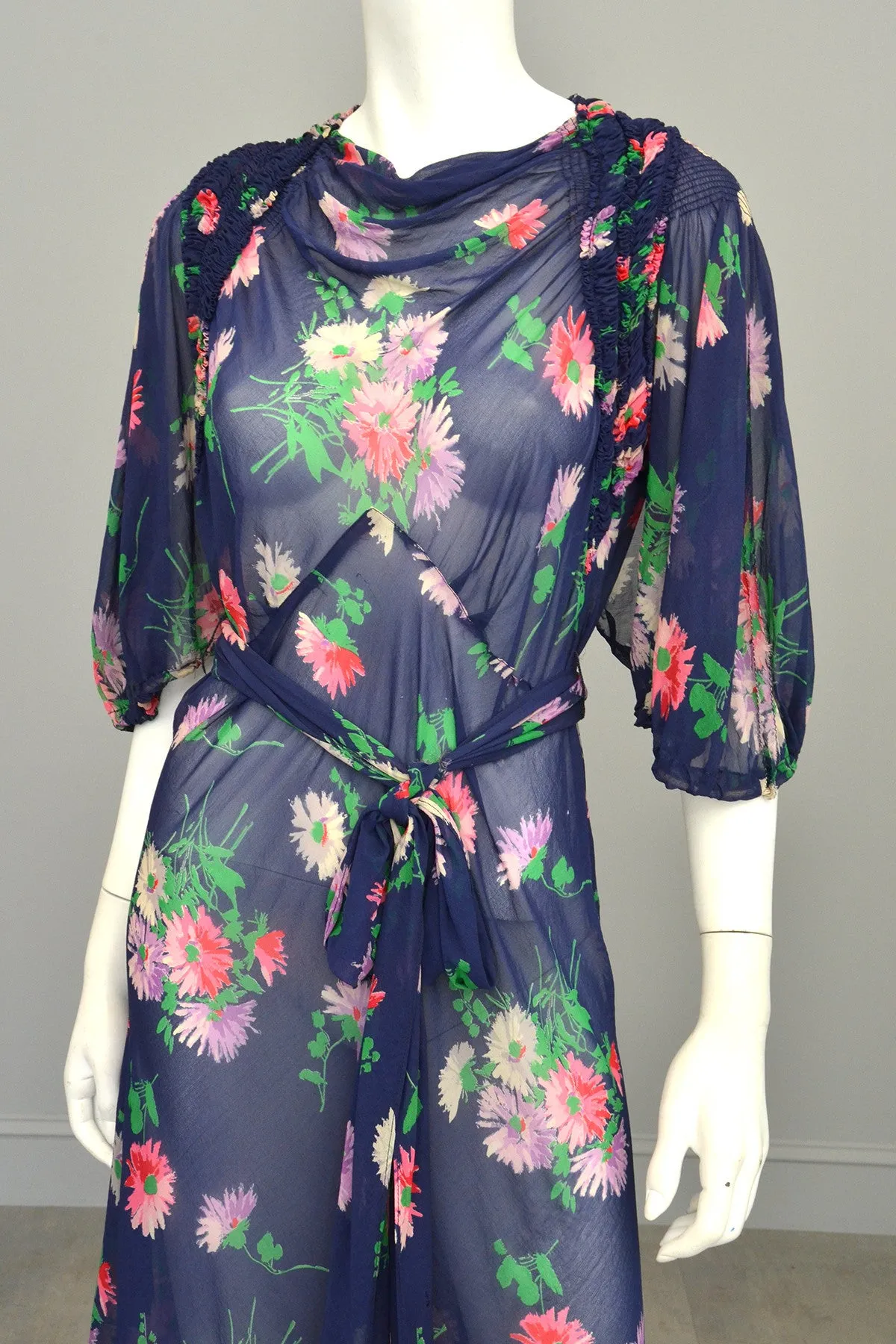1930s Navy Blue Sheer Crepe Floral Novelty Print Keyhole Dress