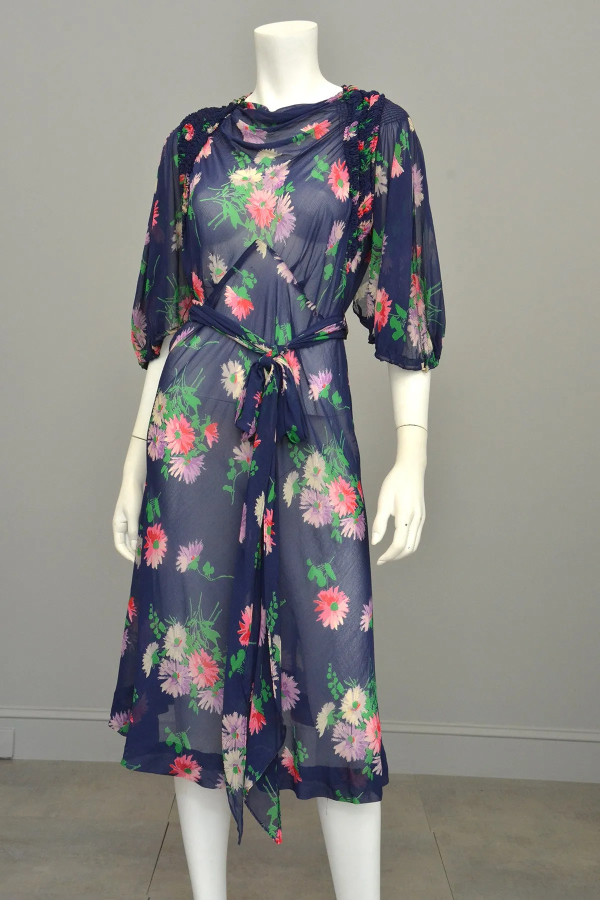 1930s Navy Blue Sheer Crepe Floral Novelty Print Keyhole Dress
