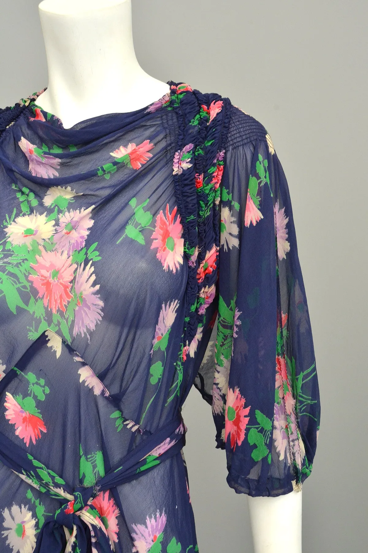 1930s Navy Blue Sheer Crepe Floral Novelty Print Keyhole Dress