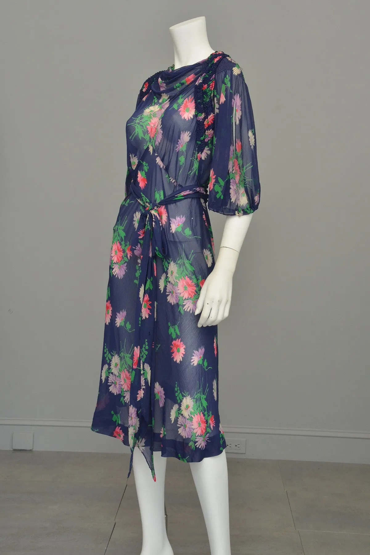 1930s Navy Blue Sheer Crepe Floral Novelty Print Keyhole Dress