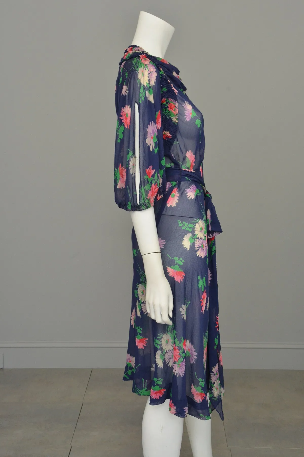 1930s Navy Blue Sheer Crepe Floral Novelty Print Keyhole Dress