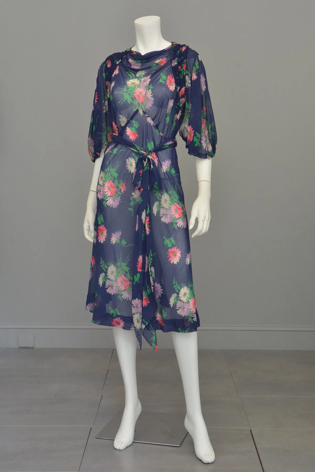 1930s Navy Blue Sheer Crepe Floral Novelty Print Keyhole Dress