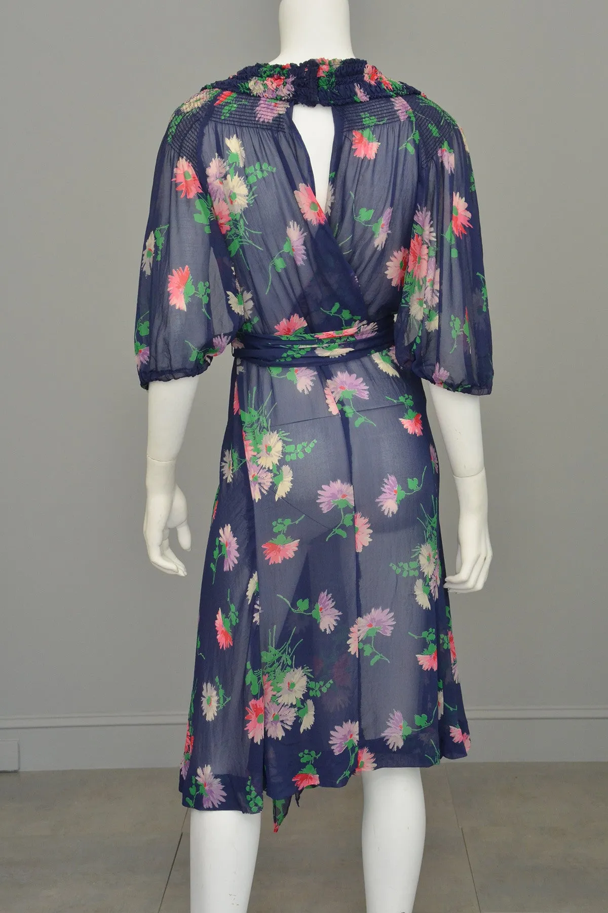 1930s Navy Blue Sheer Crepe Floral Novelty Print Keyhole Dress