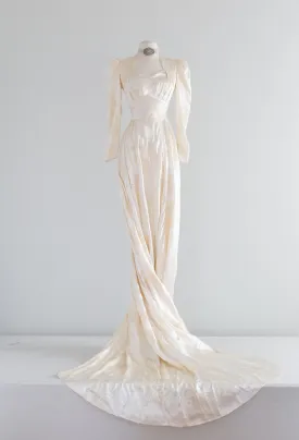 1940's Floral Flocked Slipper Satin Princess Wedding Gown / Medium