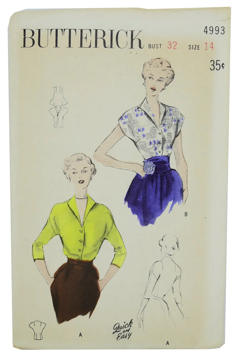 1949 Butterick 4993 Vintage Blouse Sewing Pattern