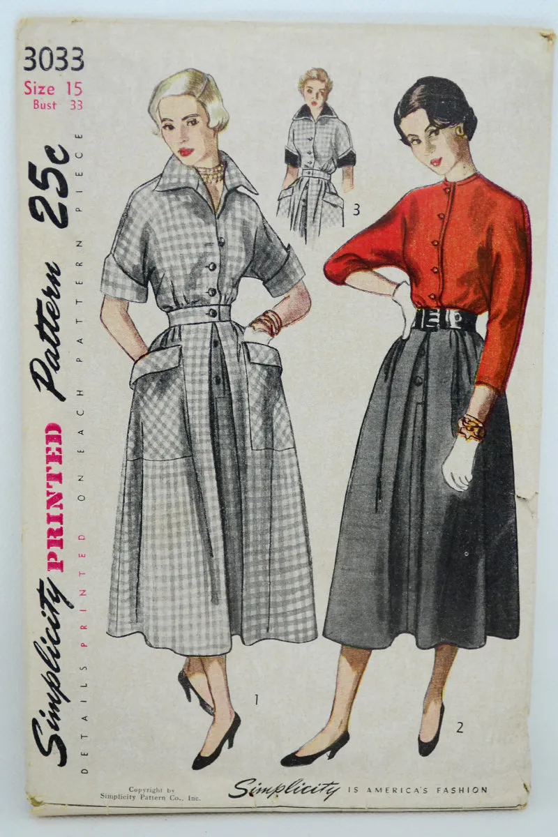 1949 Simplicity 3033 Blouse and Skirt Vintage Sewing Pattern