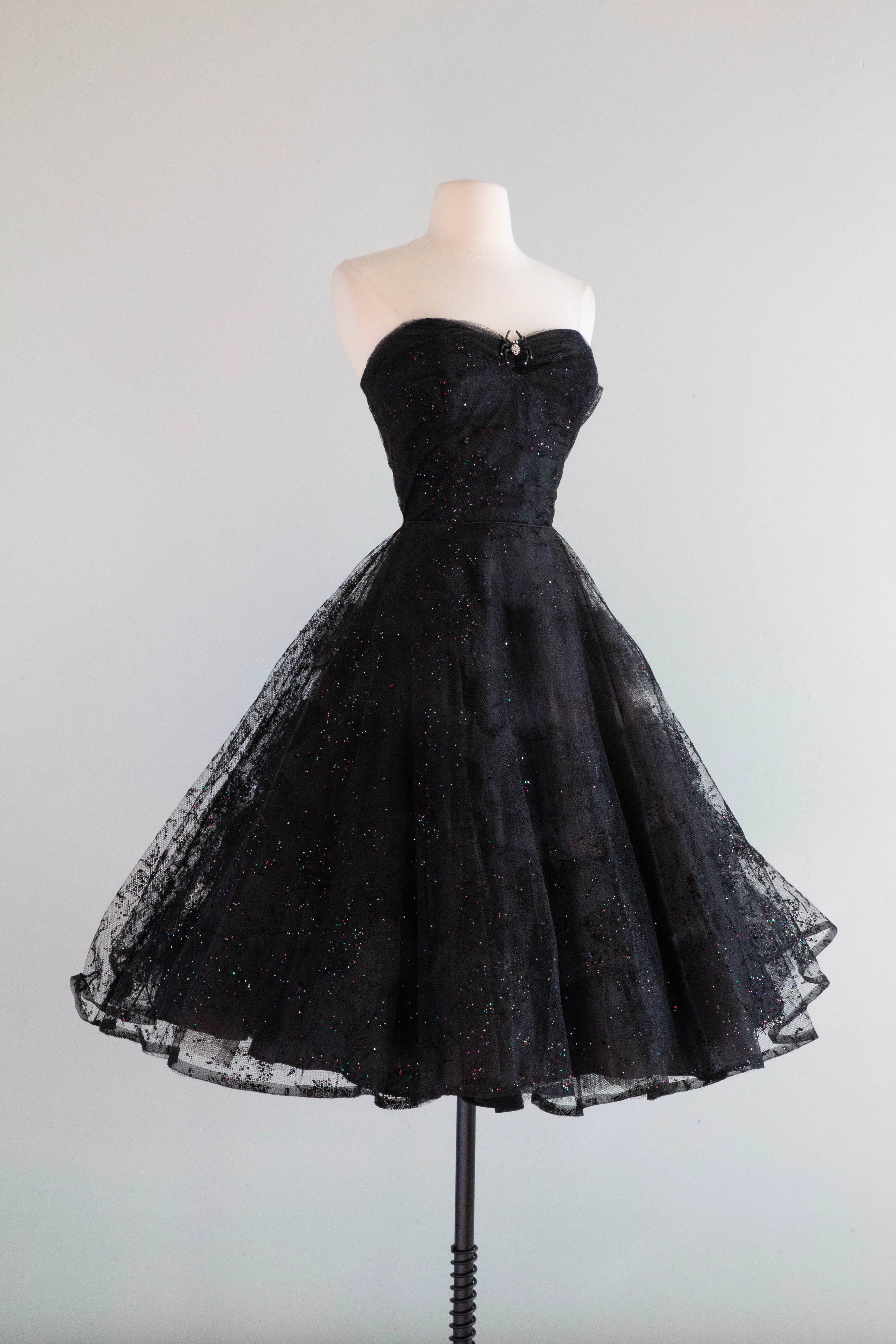 1950's Black Widow Black Strapless Party Dress With Glitter Galaxies / Small