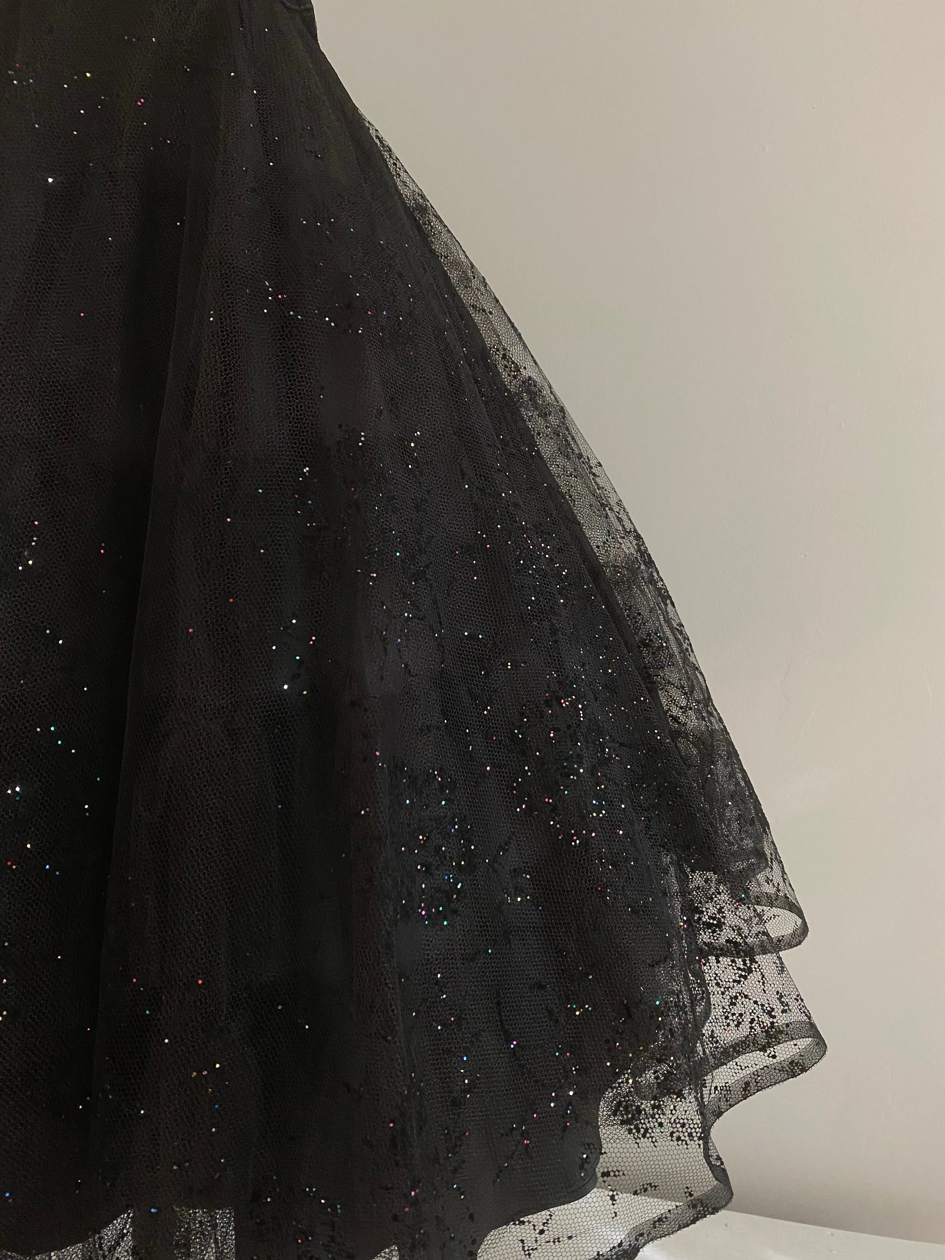 1950's Black Widow Black Strapless Party Dress With Glitter Galaxies / Small