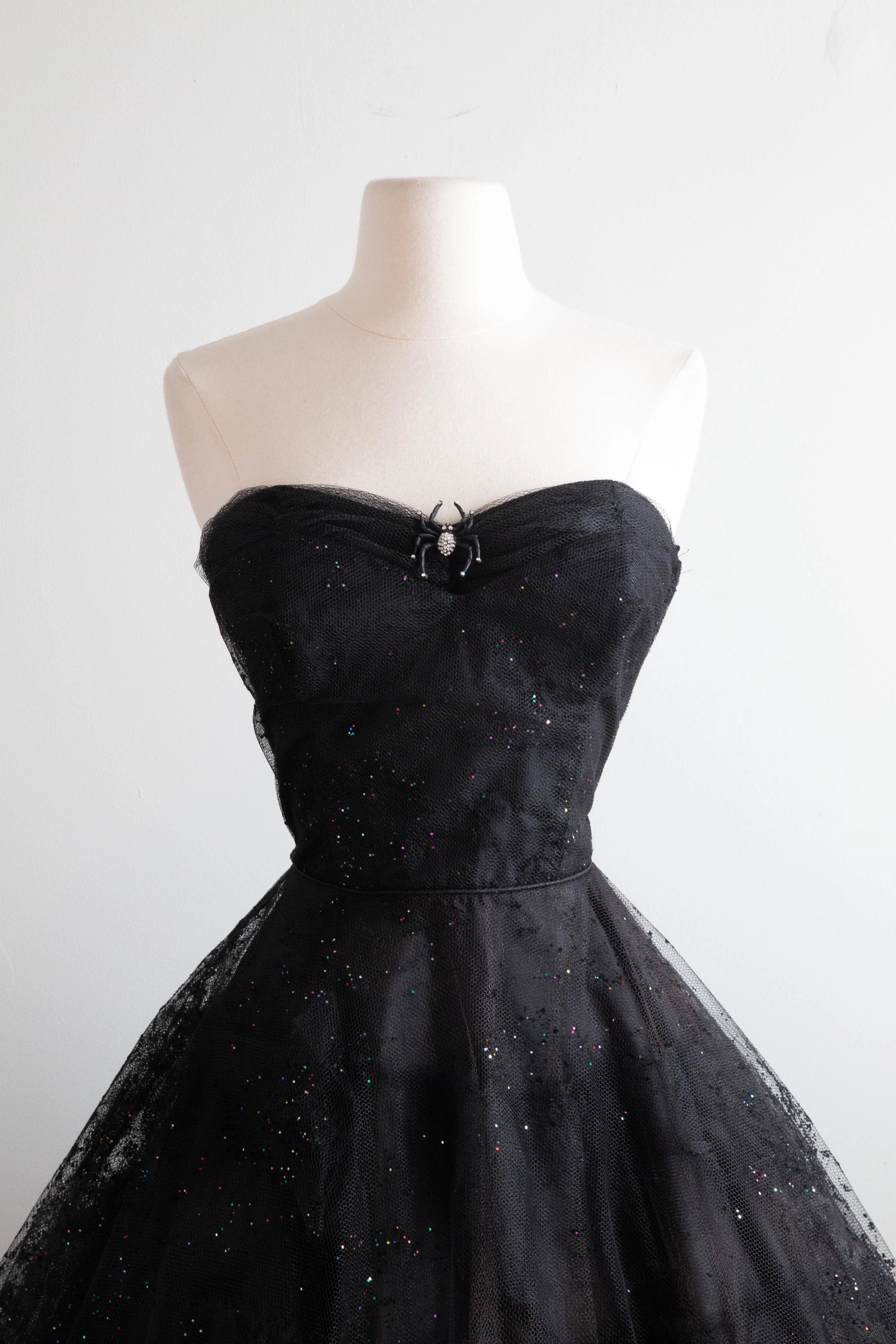 1950's Black Widow Black Strapless Party Dress With Glitter Galaxies / Small