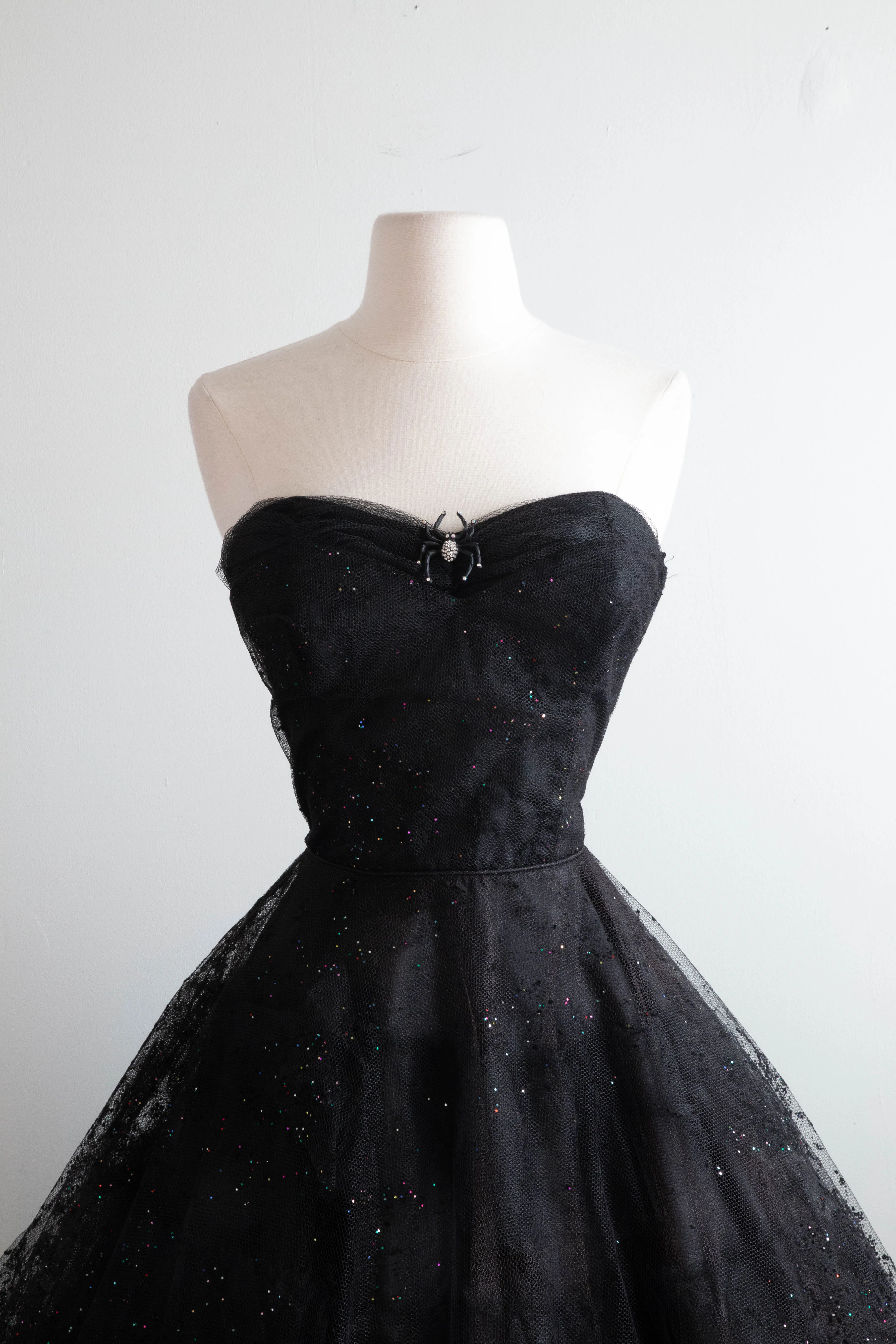 1950's Black Widow Black Strapless Party Dress With Glitter Galaxies / Small