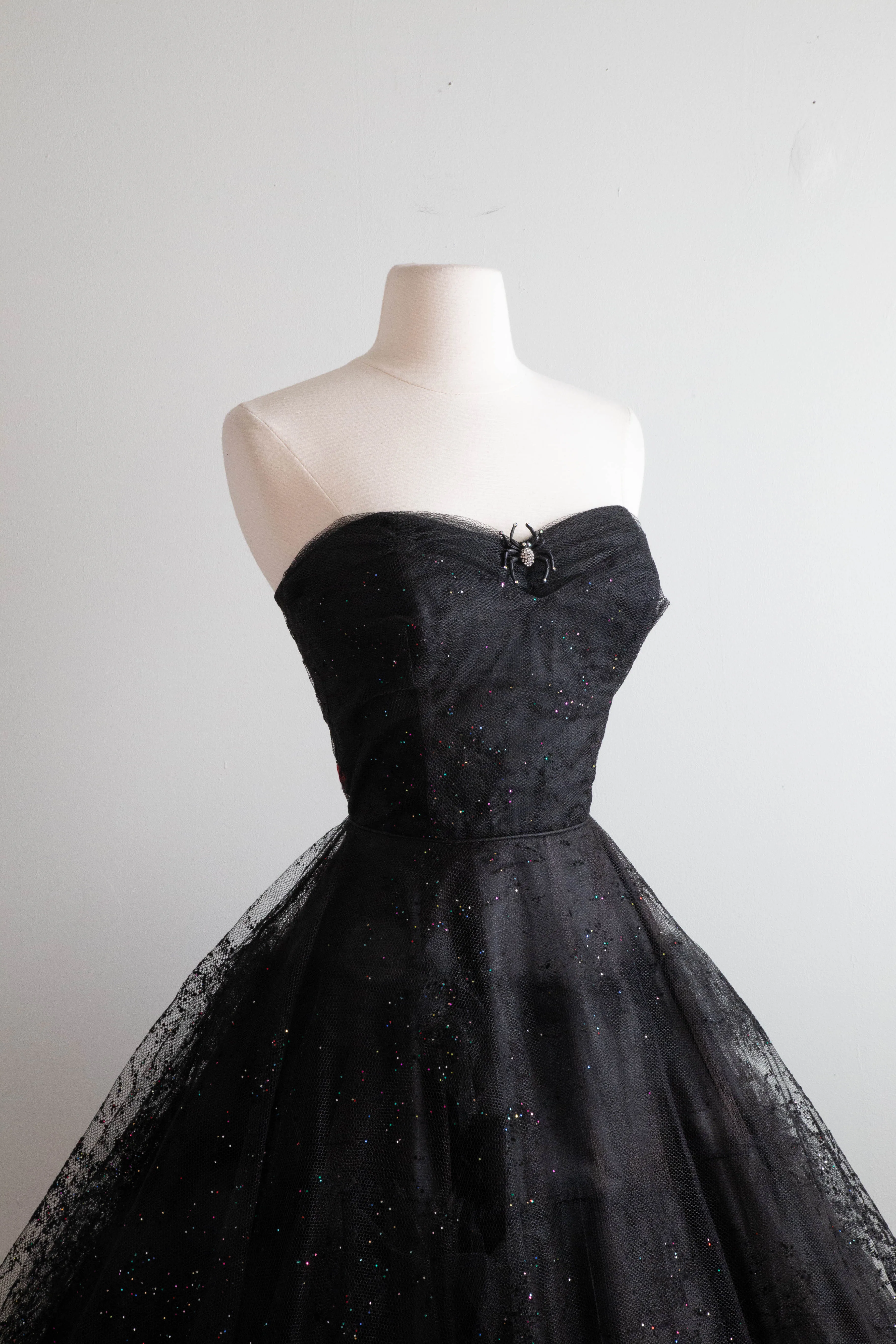 1950's Black Widow Black Strapless Party Dress With Glitter Galaxies / Small