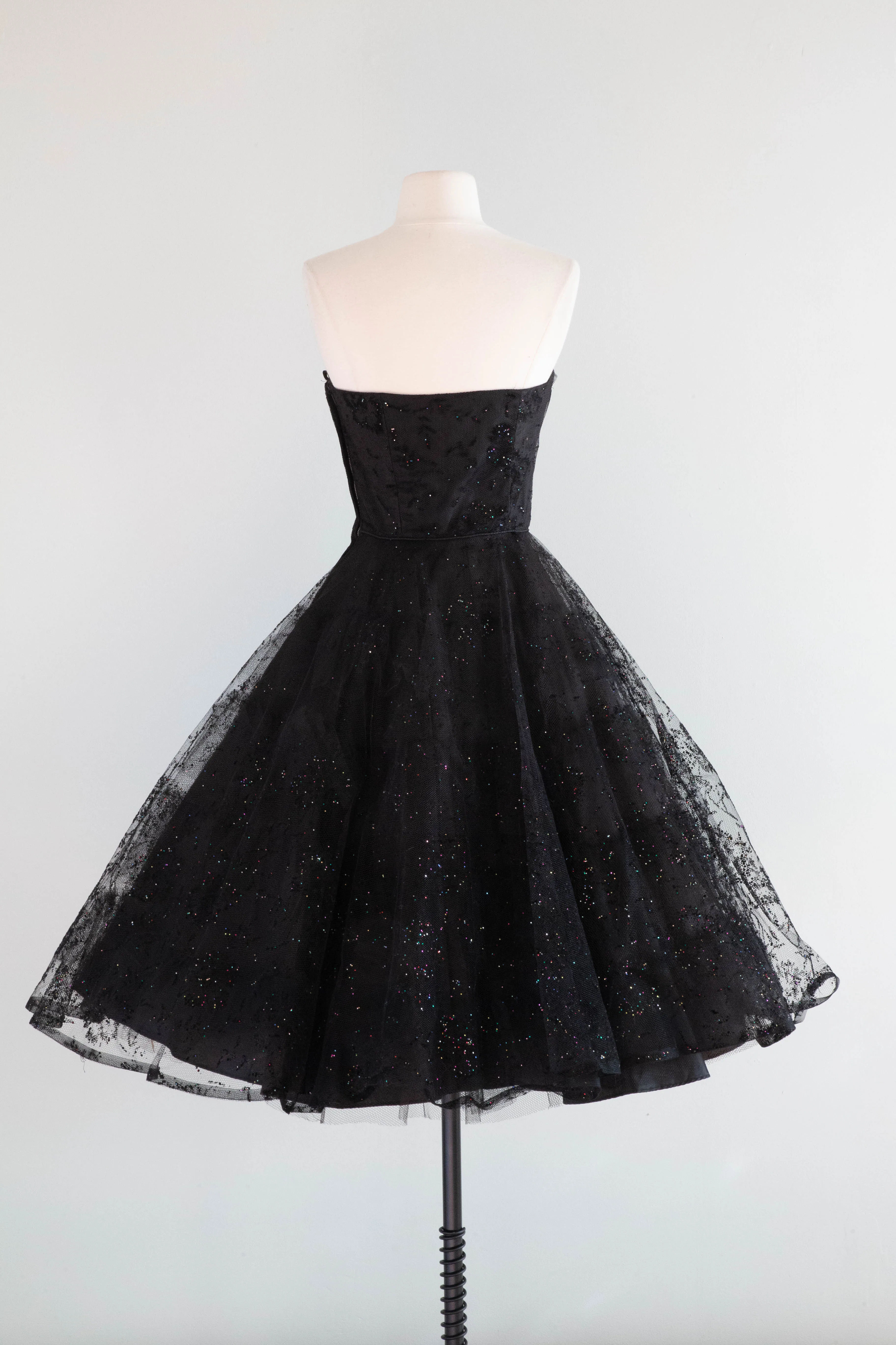 1950's Black Widow Black Strapless Party Dress With Glitter Galaxies / Small