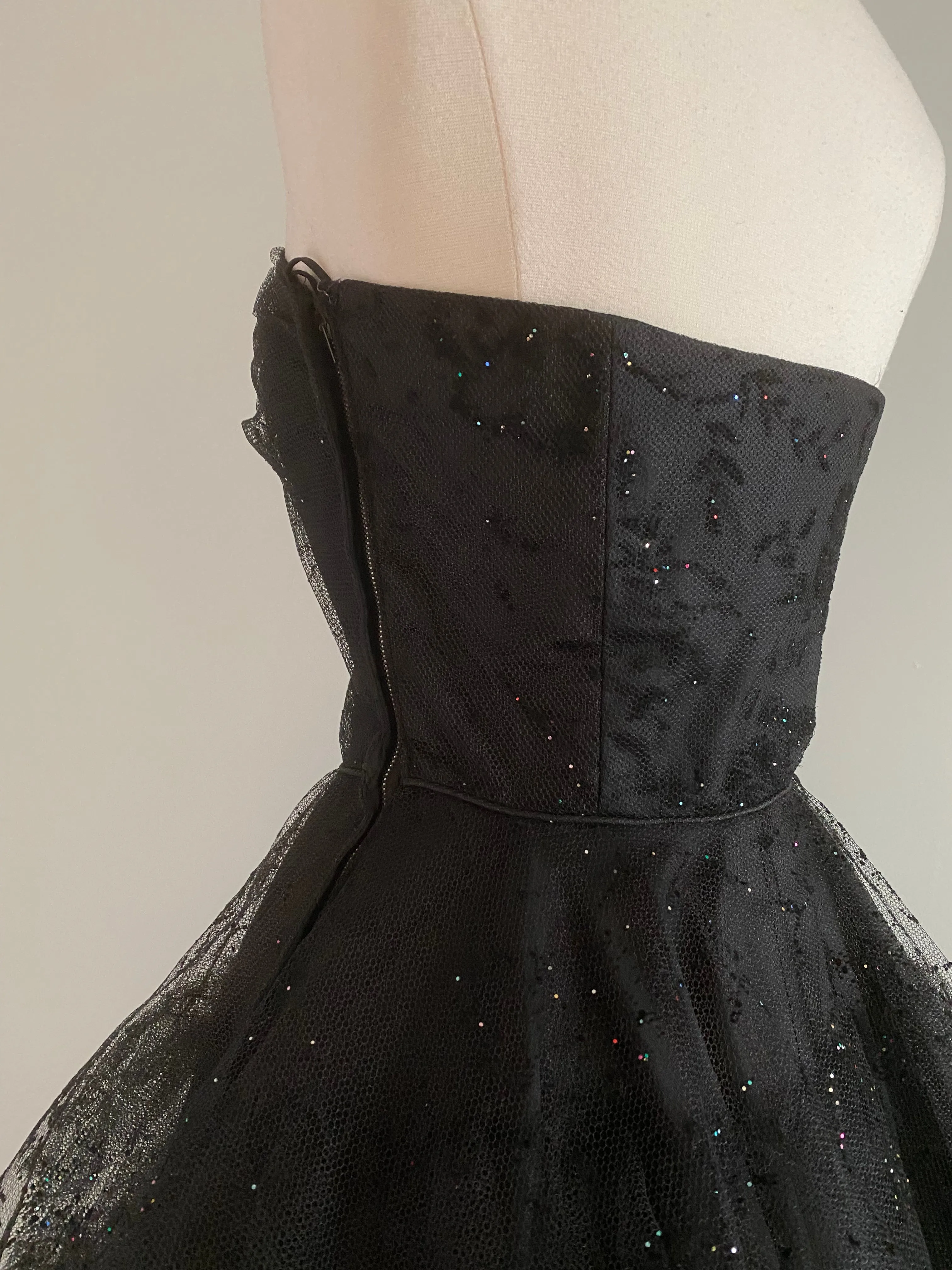 1950's Black Widow Black Strapless Party Dress With Glitter Galaxies / Small