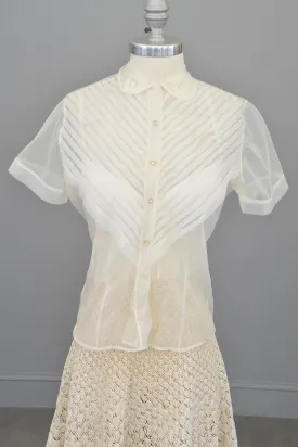 1950s White Sheer Nylon Pleated Blouse