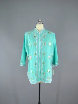 1960s Aqua Embroidered Blouse / Caro of Honolulu