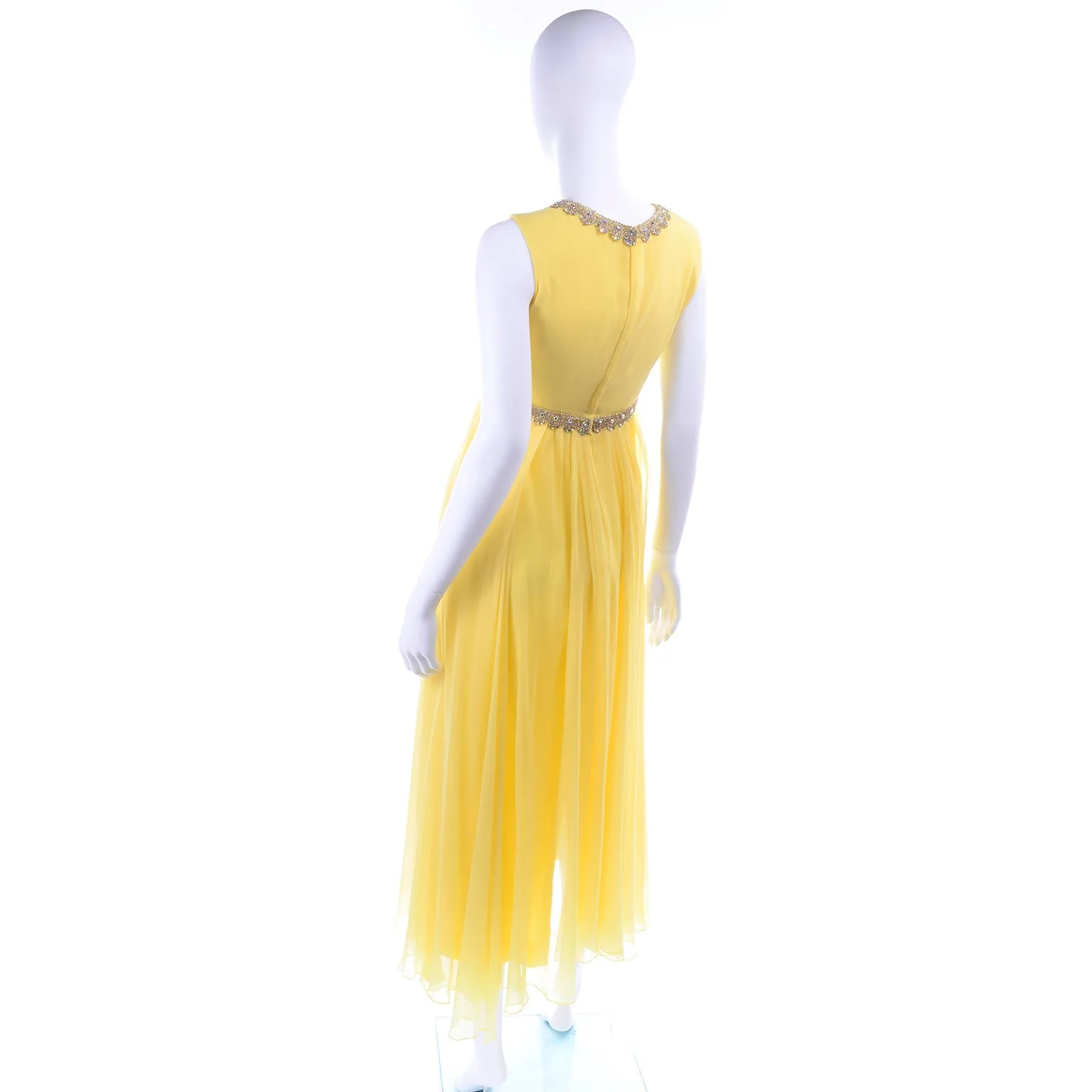 1960s Lemon Yellow Silk Chiffon Evening Dress w/ Gold Trim & Rhinestones