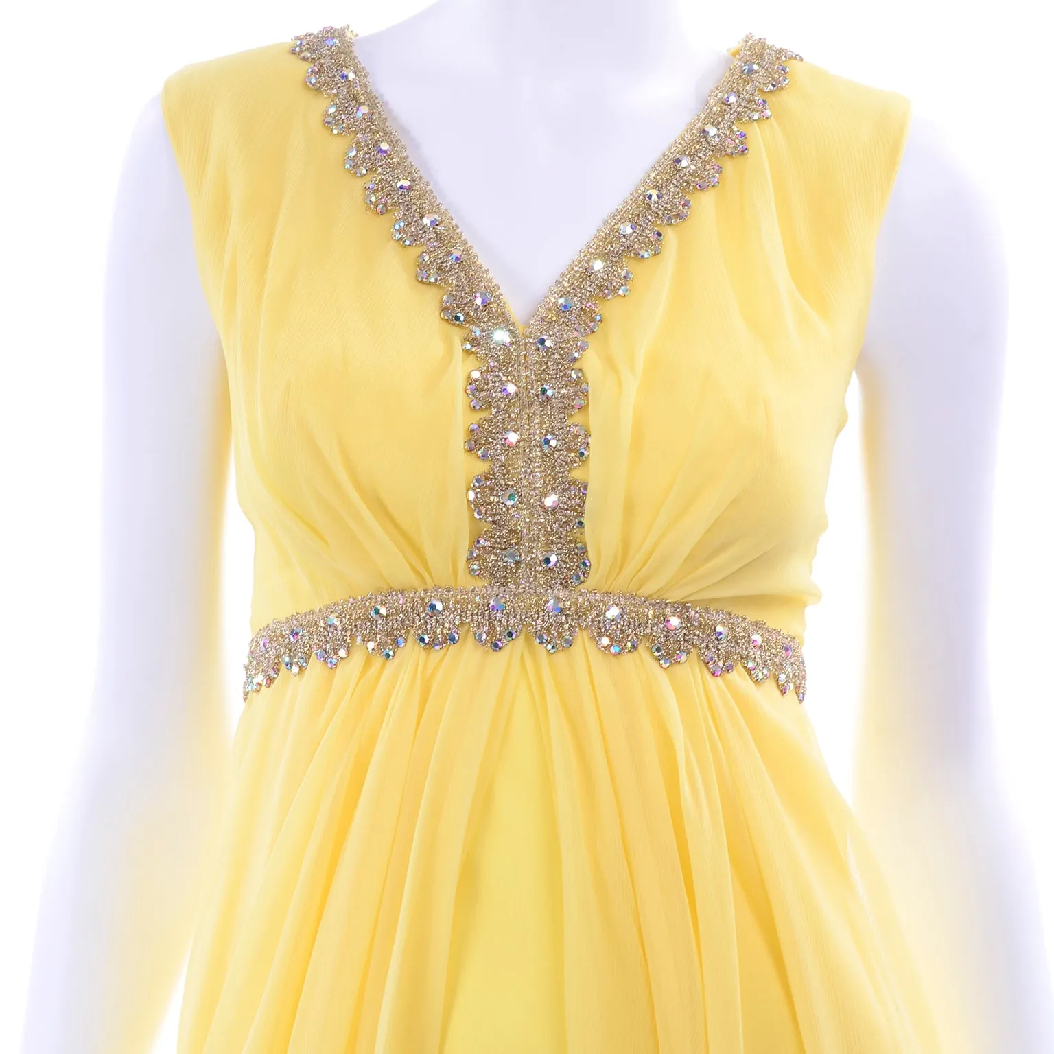 1960s Lemon Yellow Silk Chiffon Evening Dress w/ Gold Trim & Rhinestones