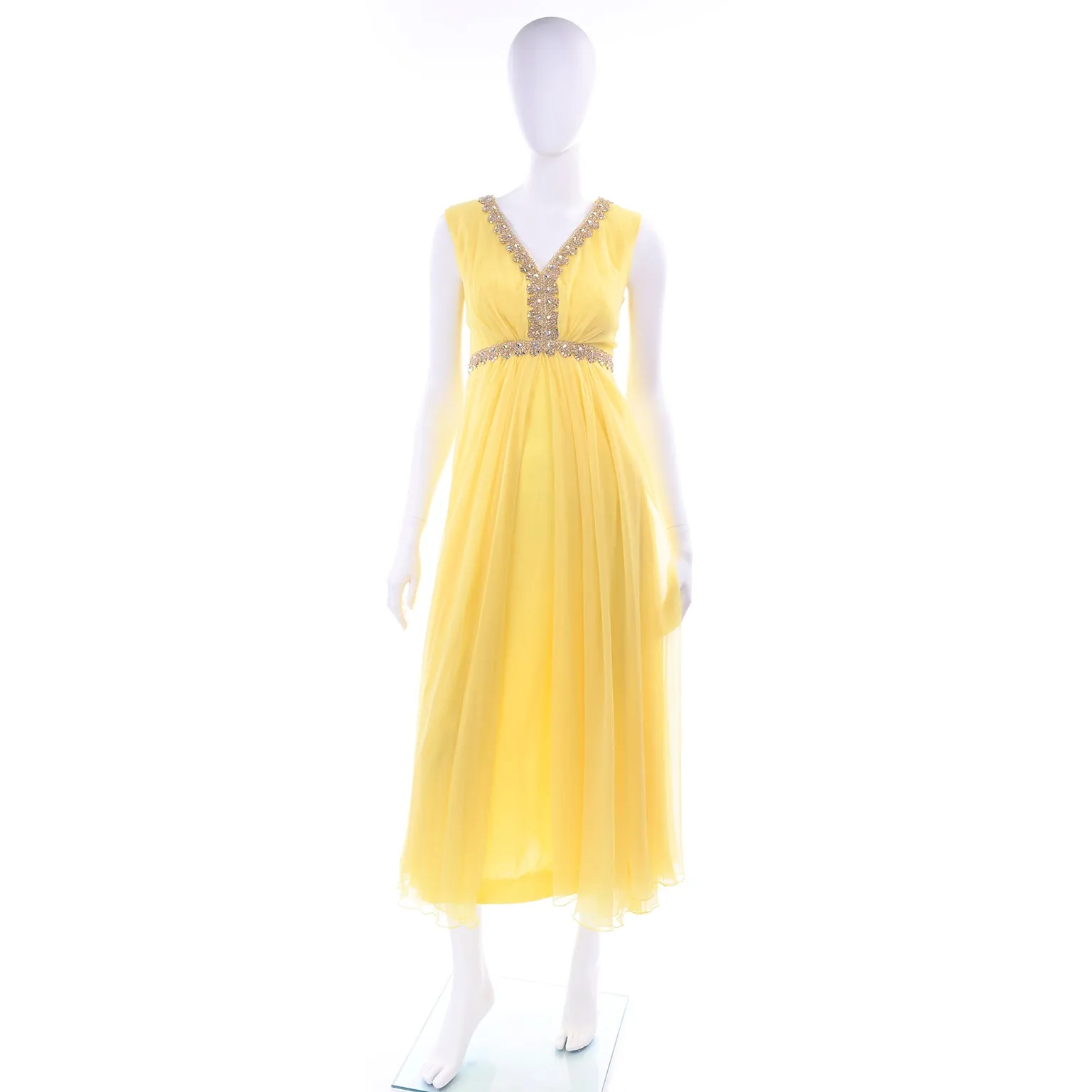 1960s Lemon Yellow Silk Chiffon Evening Dress w/ Gold Trim & Rhinestones