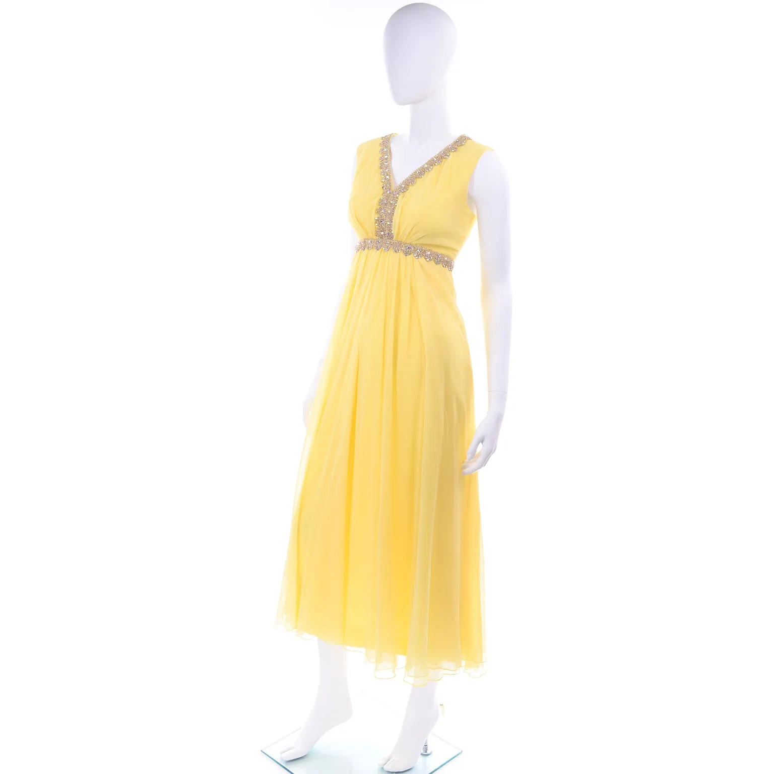 1960s Lemon Yellow Silk Chiffon Evening Dress w/ Gold Trim & Rhinestones
