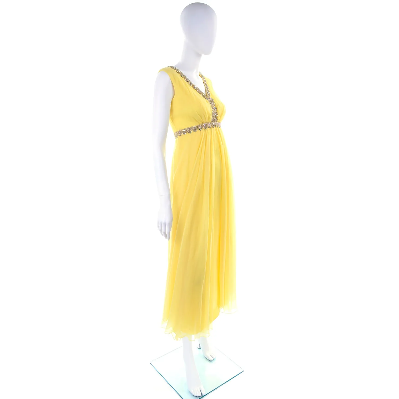 1960s Lemon Yellow Silk Chiffon Evening Dress w/ Gold Trim & Rhinestones