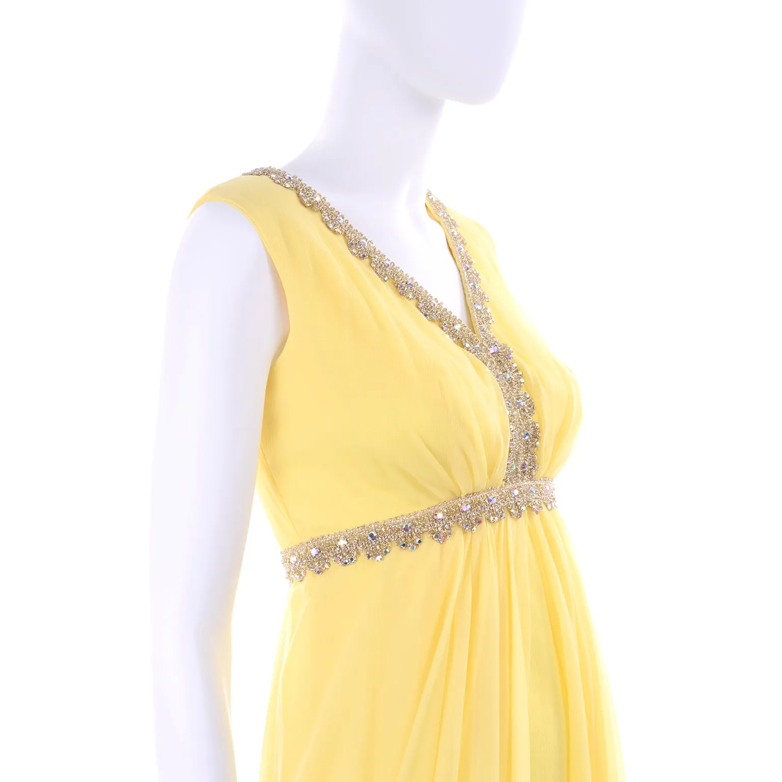 1960s Lemon Yellow Silk Chiffon Evening Dress w/ Gold Trim & Rhinestones
