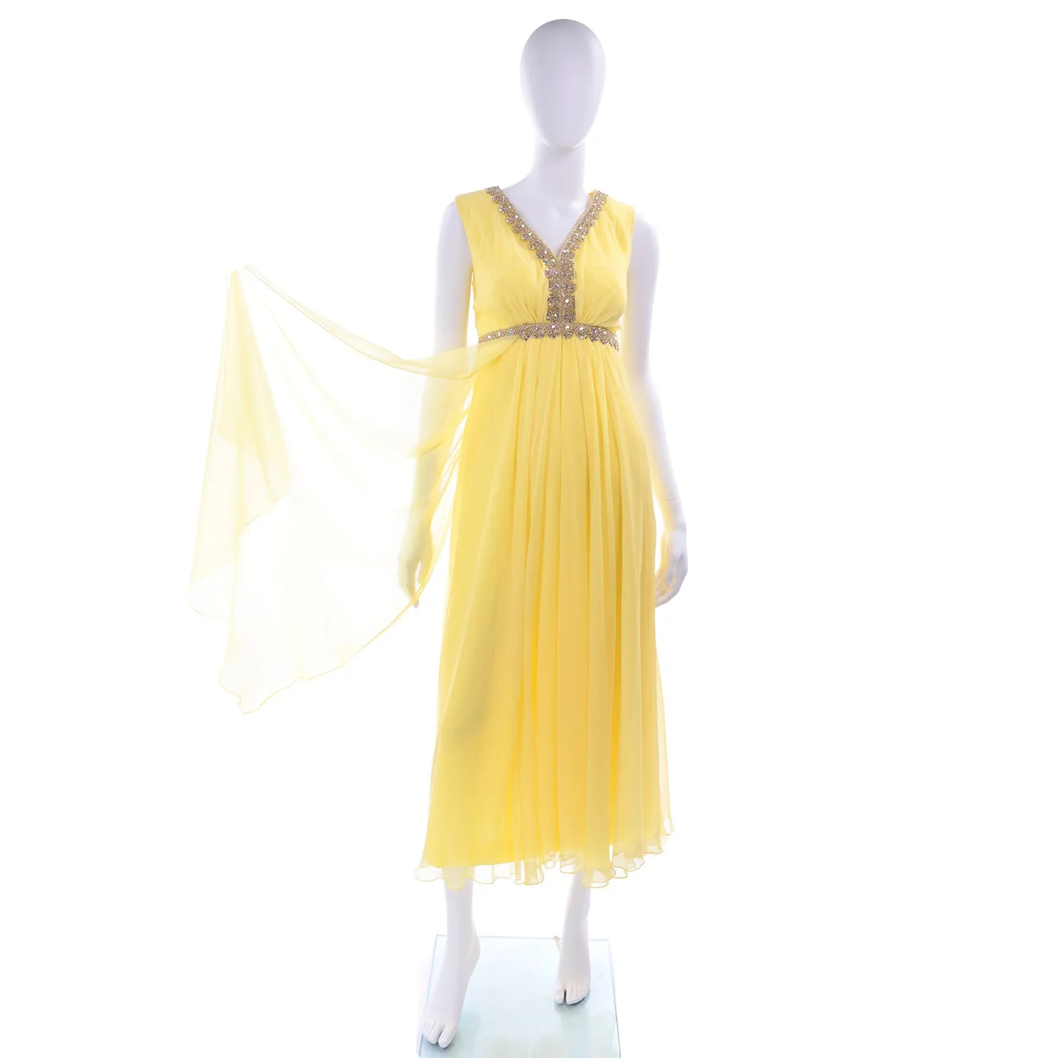 1960s Lemon Yellow Silk Chiffon Evening Dress w/ Gold Trim & Rhinestones