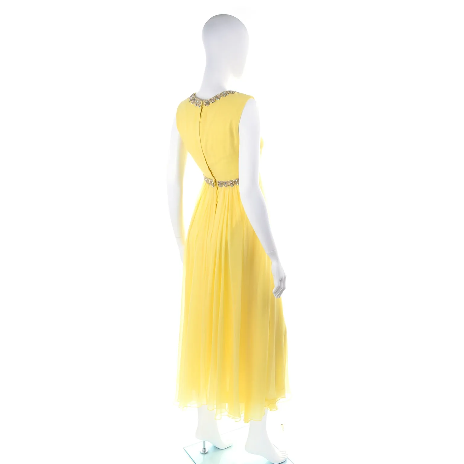 1960s Lemon Yellow Silk Chiffon Evening Dress w/ Gold Trim & Rhinestones