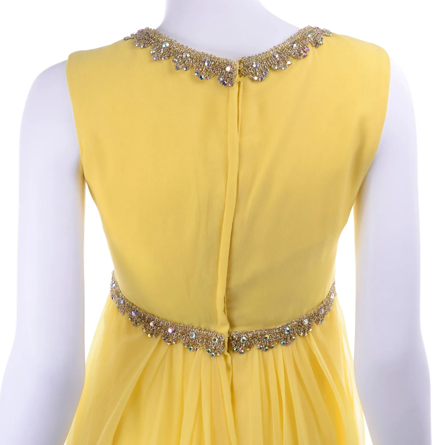 1960s Lemon Yellow Silk Chiffon Evening Dress w/ Gold Trim & Rhinestones
