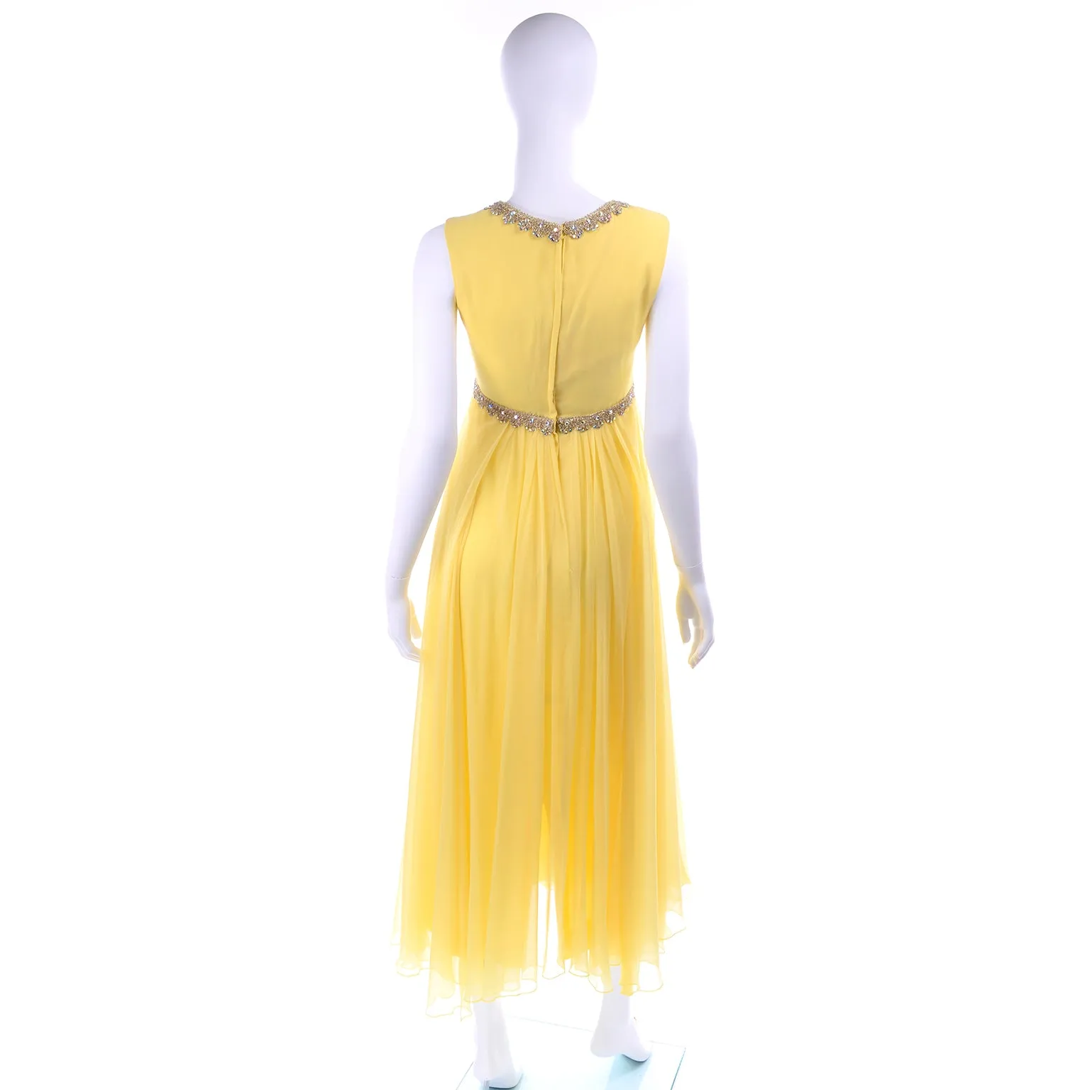 1960s Lemon Yellow Silk Chiffon Evening Dress w/ Gold Trim & Rhinestones