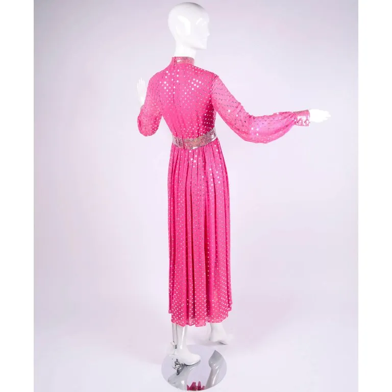 1960's Norman Norell Pink Silk Vintage Dress w/ Silver Sequins & Sheer Sleeves