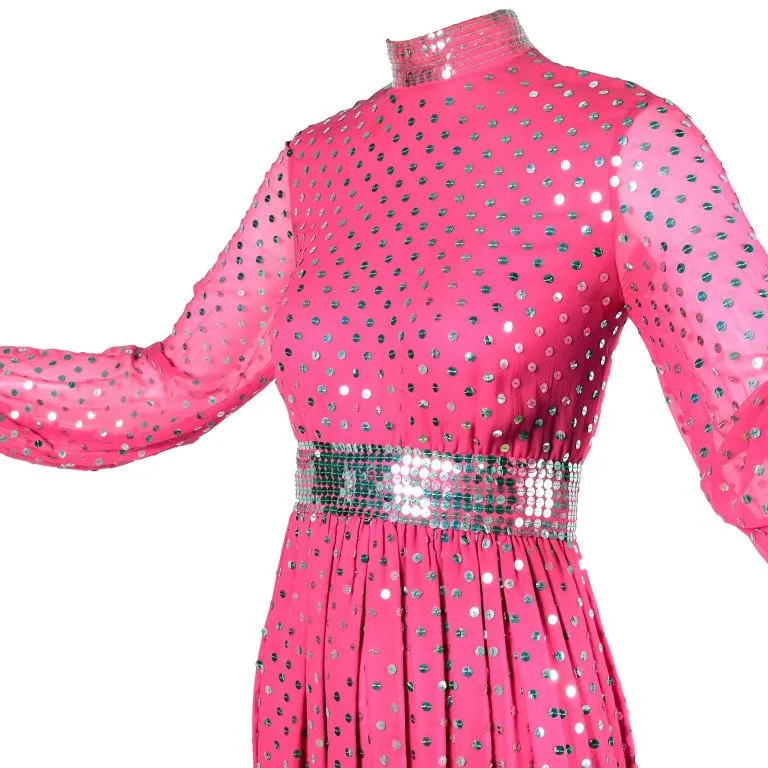 1960's Norman Norell Pink Silk Vintage Dress w/ Silver Sequins & Sheer Sleeves