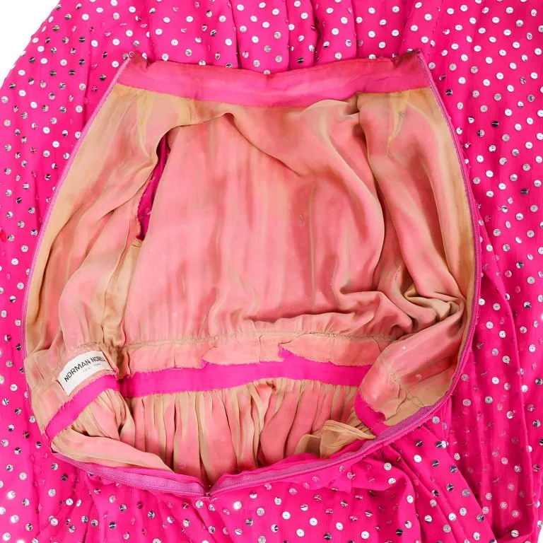 1960's Norman Norell Pink Silk Vintage Dress w/ Silver Sequins & Sheer Sleeves