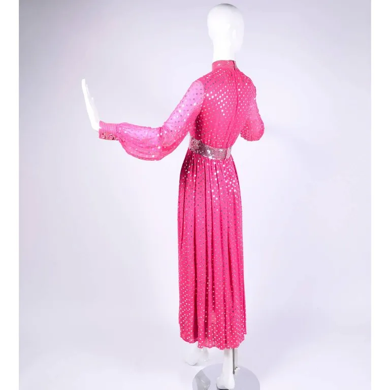 1960's Norman Norell Pink Silk Vintage Dress w/ Silver Sequins & Sheer Sleeves