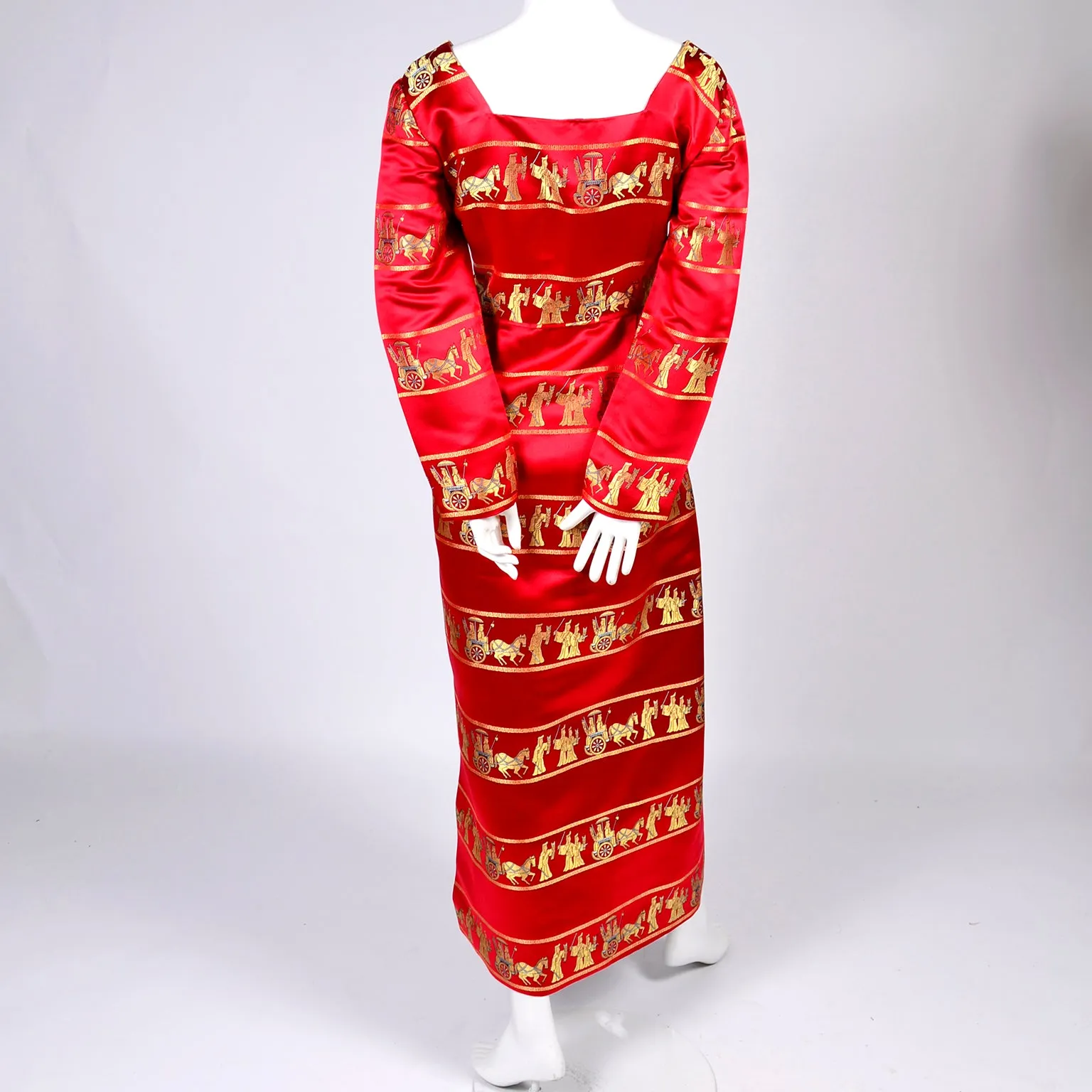 1960s Red Silk Satin Vintage Dress with Gold Asian Novelty Print