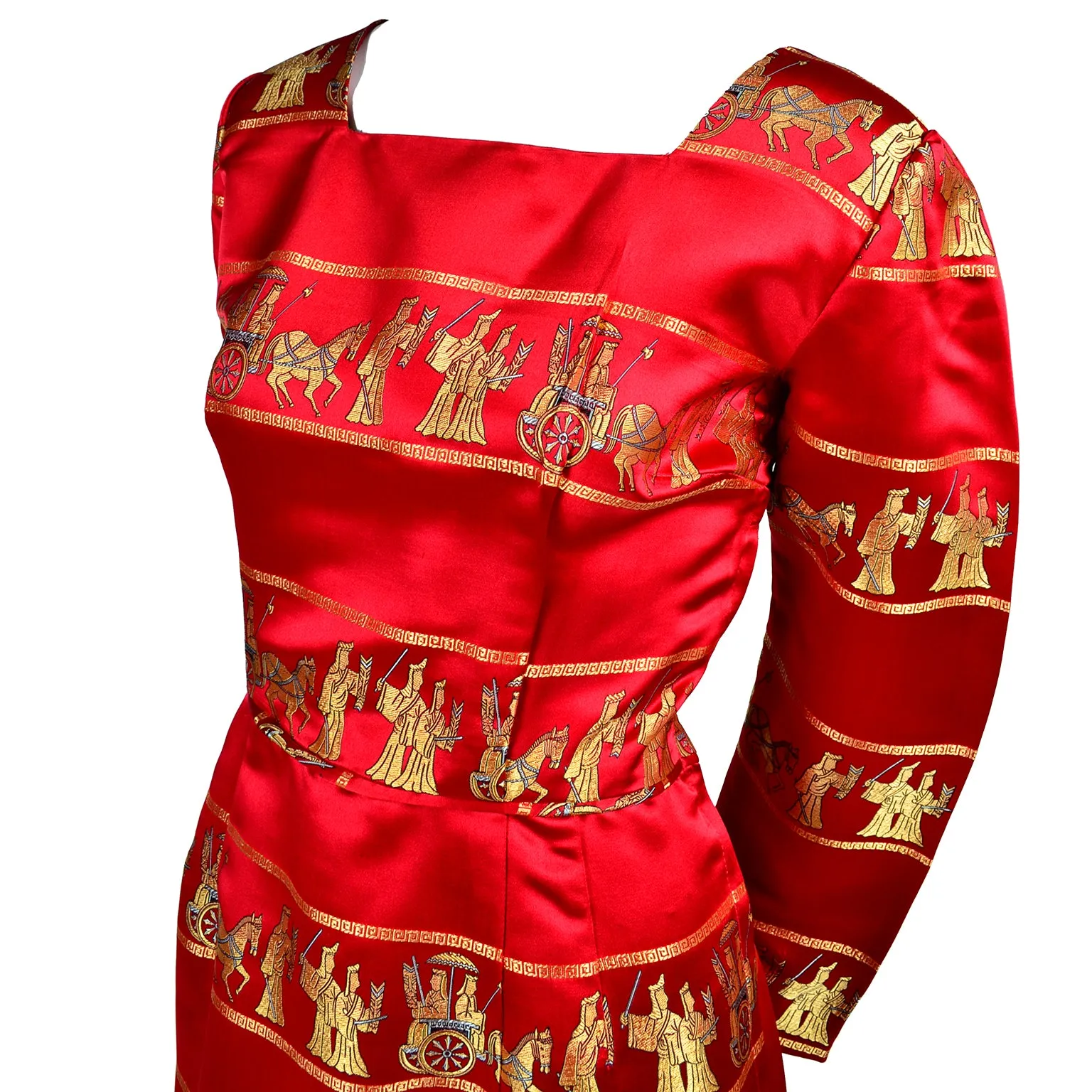 1960s Red Silk Satin Vintage Dress with Gold Asian Novelty Print