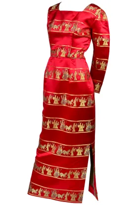 1960s Red Silk Satin Vintage Dress with Gold Asian Novelty Print