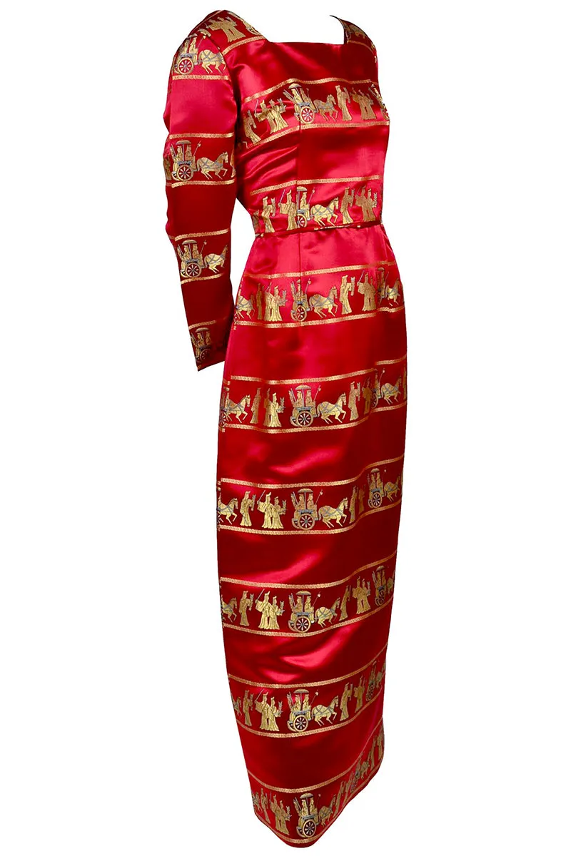 1960s Red Silk Satin Vintage Dress with Gold Asian Novelty Print