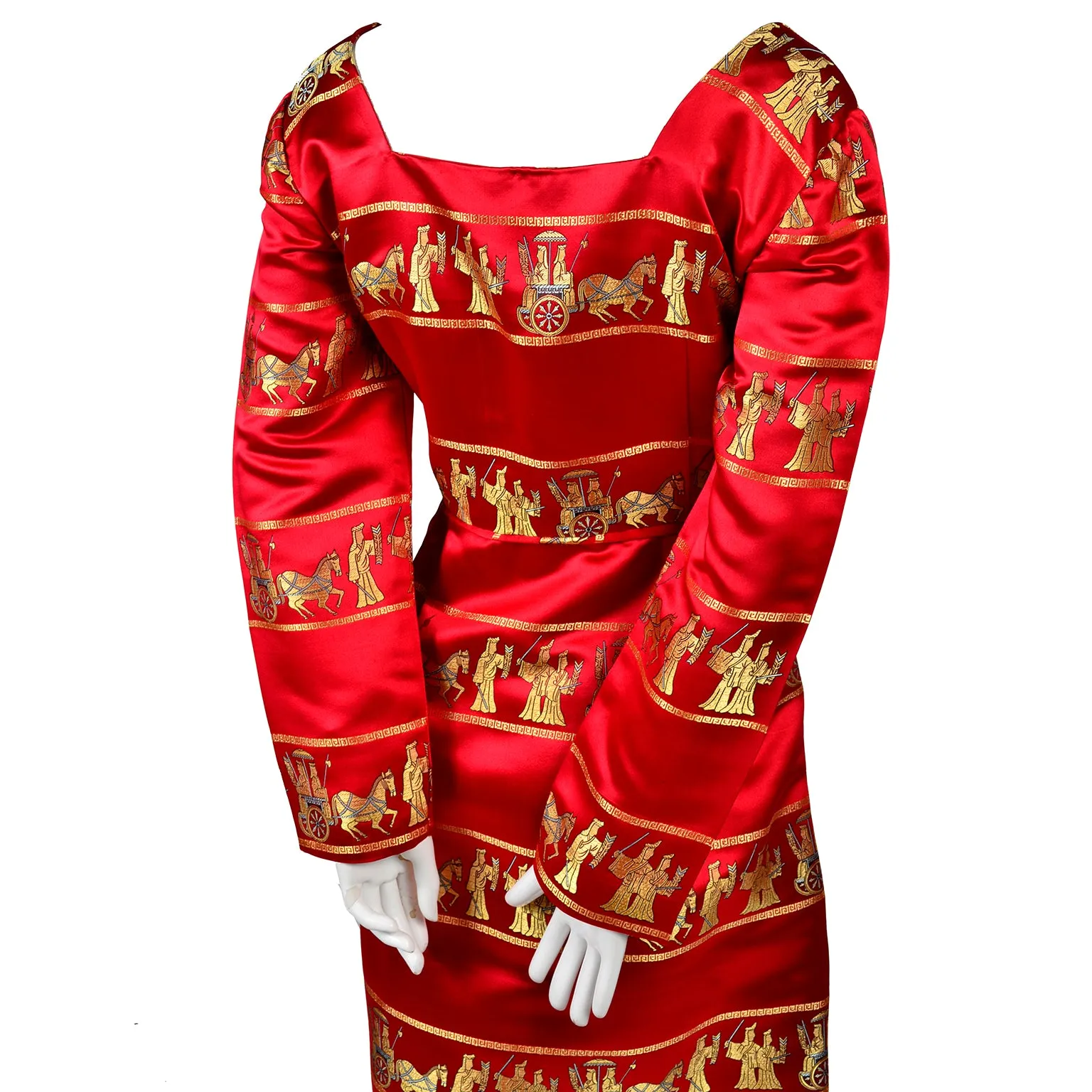 1960s Red Silk Satin Vintage Dress with Gold Asian Novelty Print