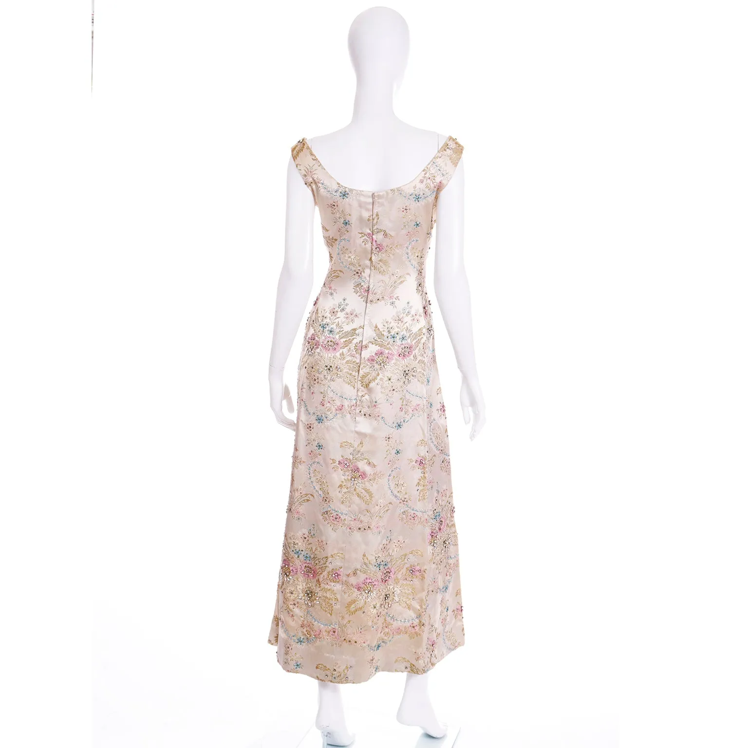 1960s Saks Fifth Avenue Floral Beaded Champagne Satin Evening Dress