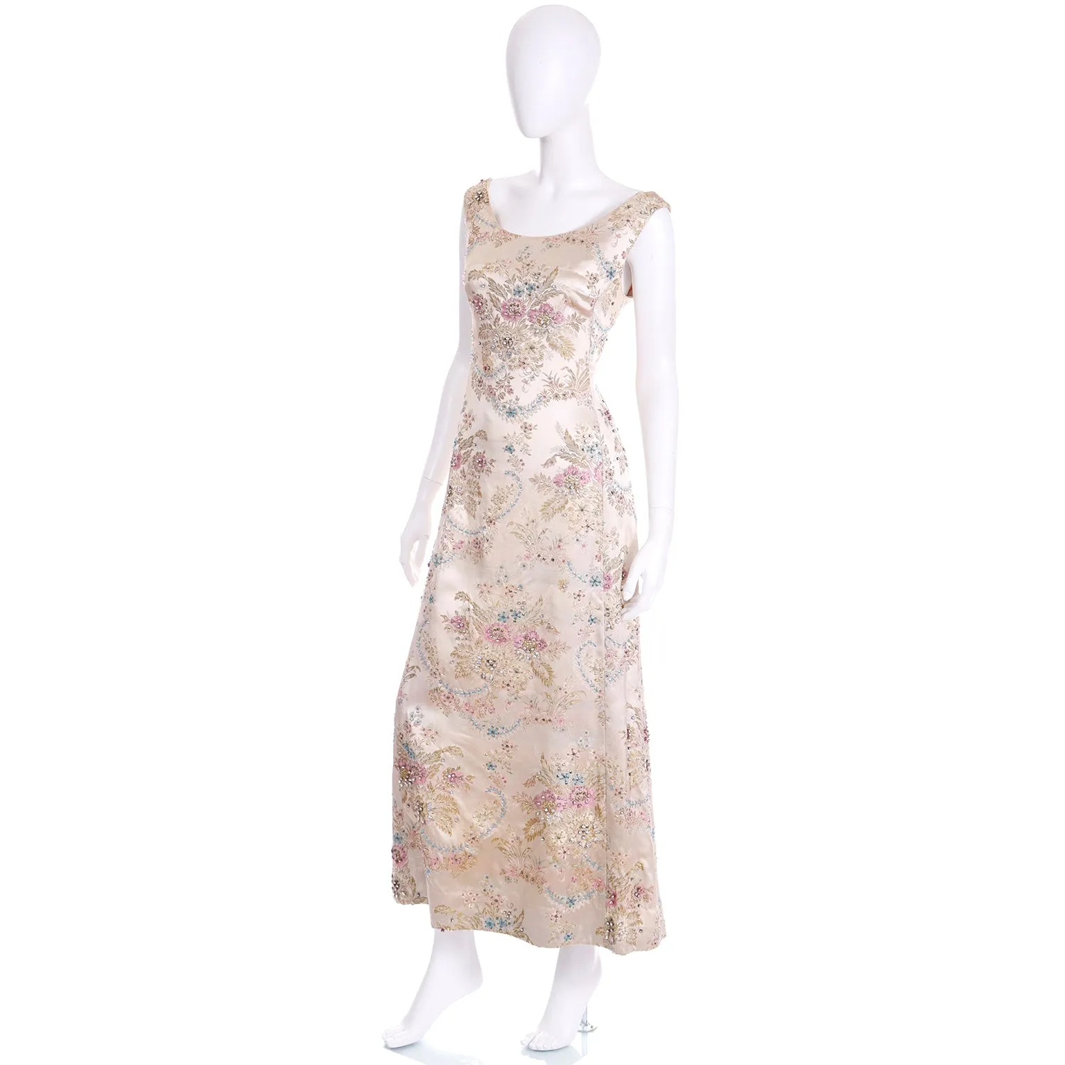 1960s Saks Fifth Avenue Floral Beaded Champagne Satin Evening Dress