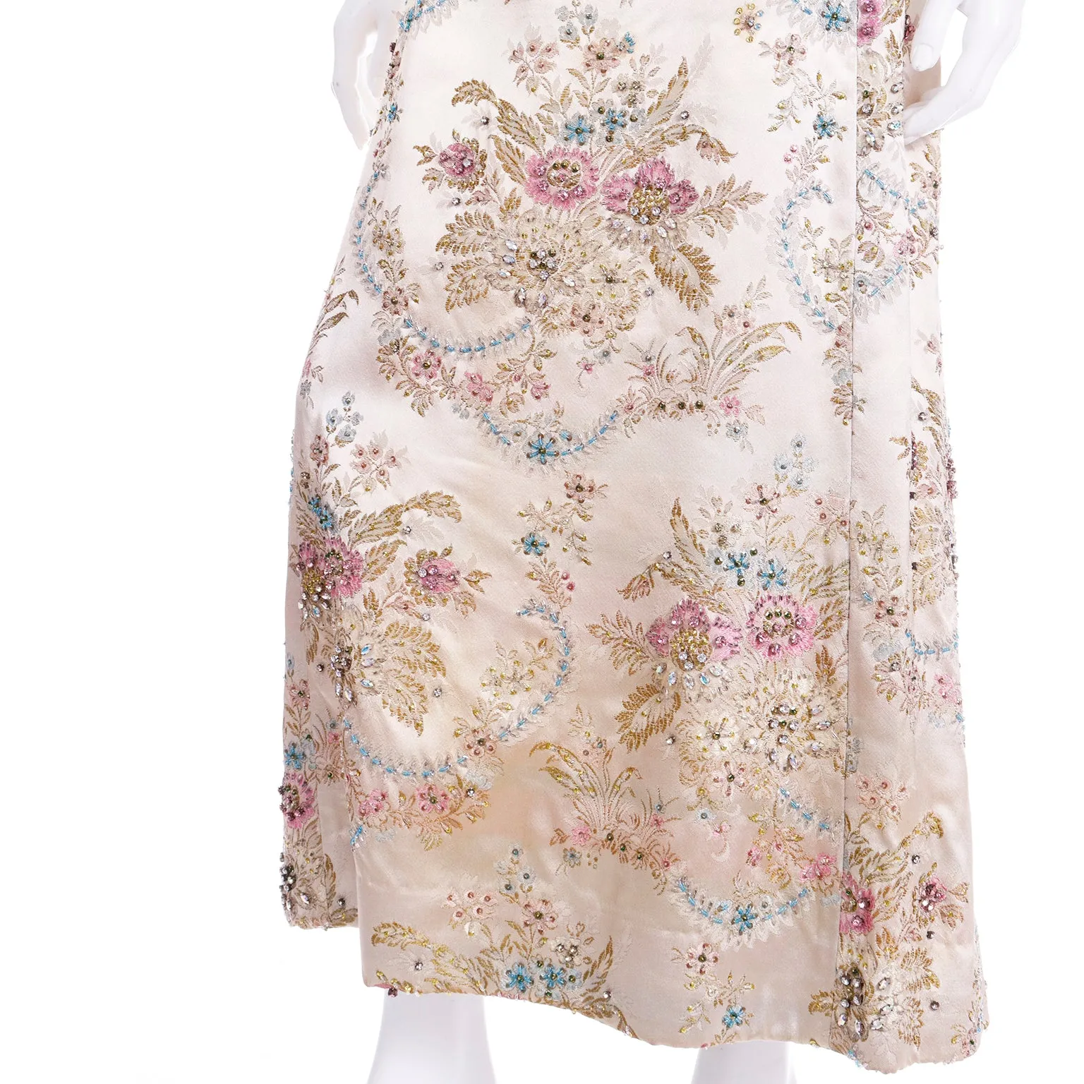 1960s Saks Fifth Avenue Floral Beaded Champagne Satin Evening Dress