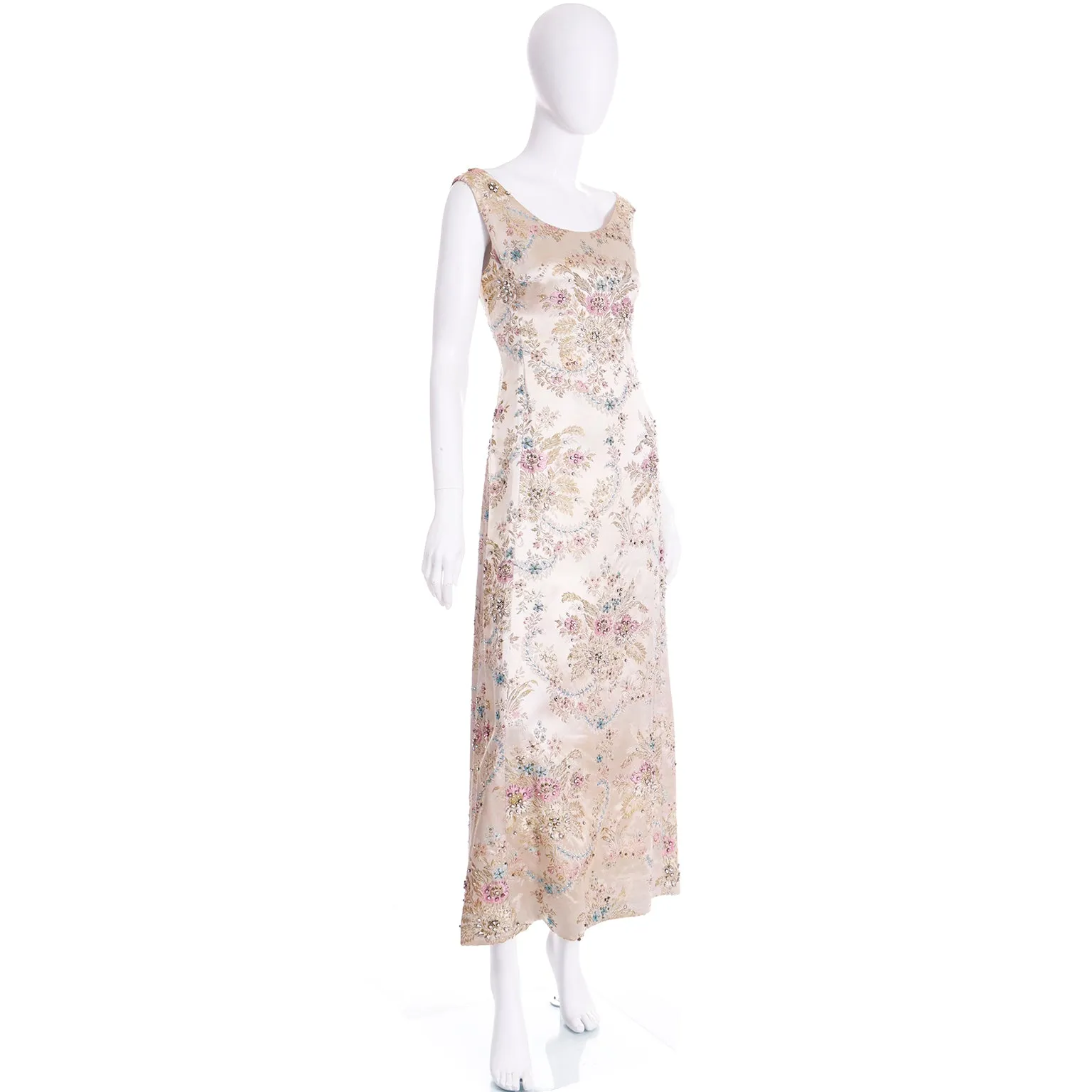 1960s Saks Fifth Avenue Floral Beaded Champagne Satin Evening Dress